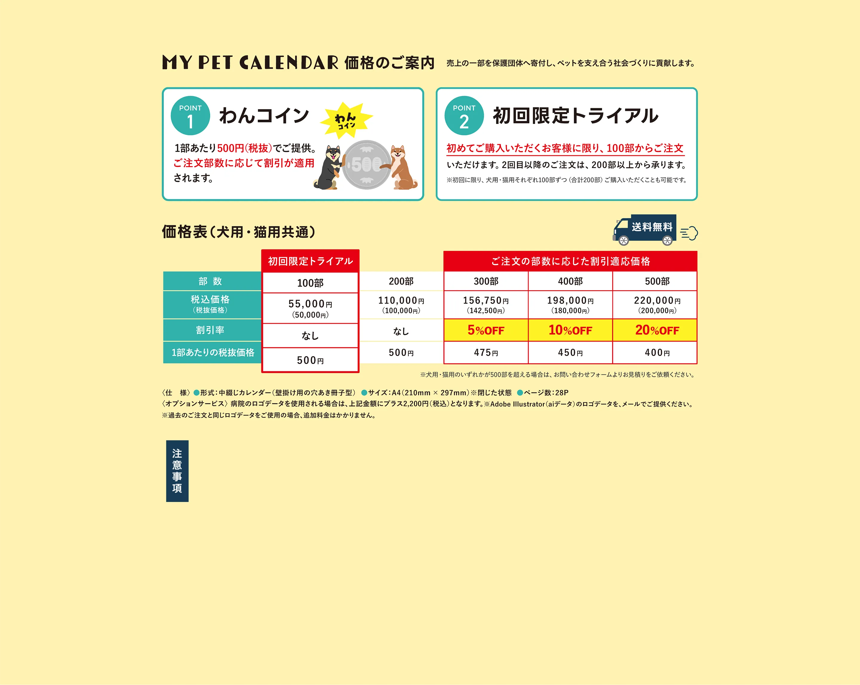 MY PET CALENDAR 価格のご案内 POINT 1 わんコイン POINT 2 初回限定トライアル POINT 3 早期割引特典