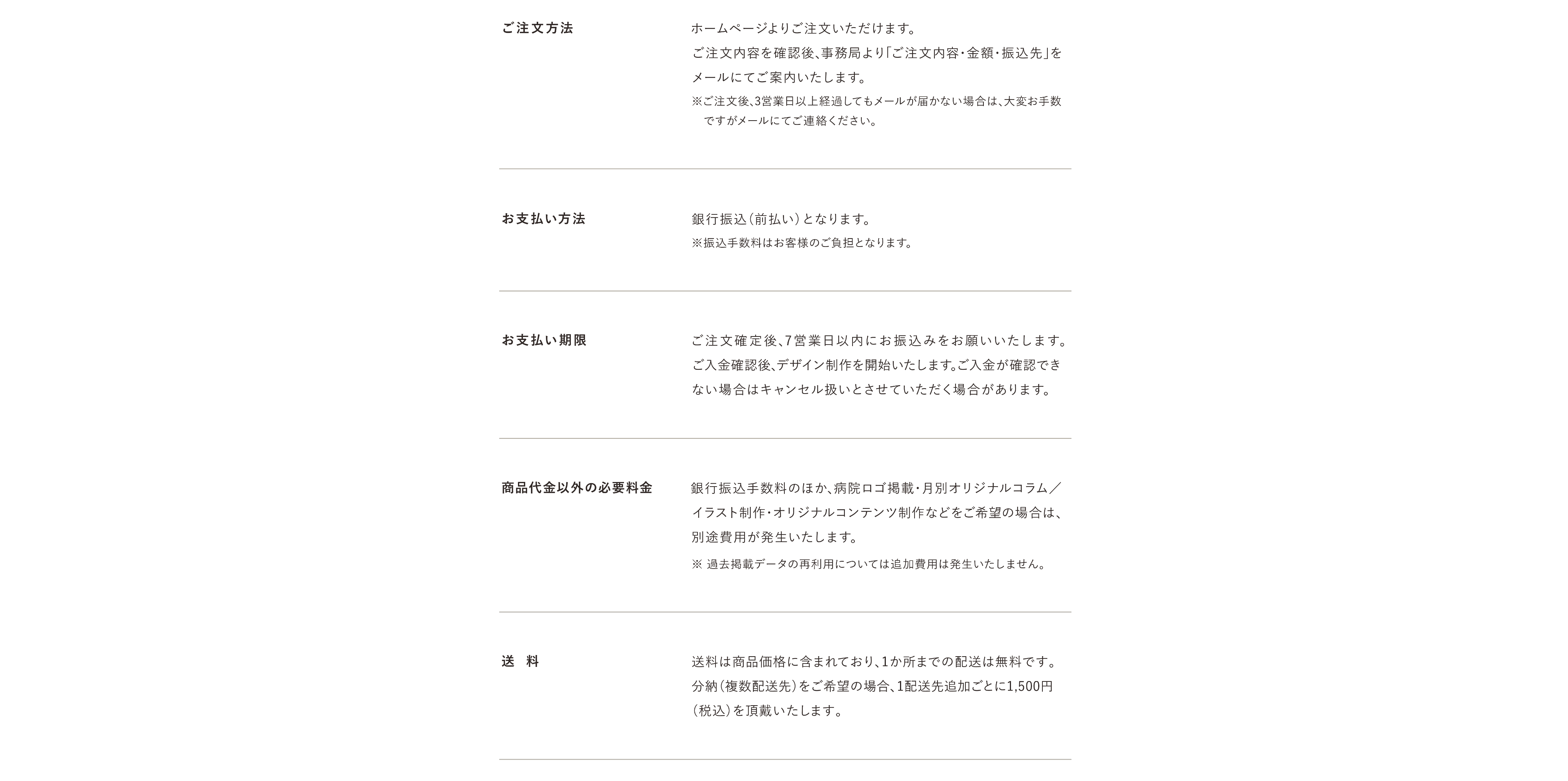 特定商取引法に基づく表記中盤。注文方法、支払い方法、支払い期限、必要料金、送料を掲載
